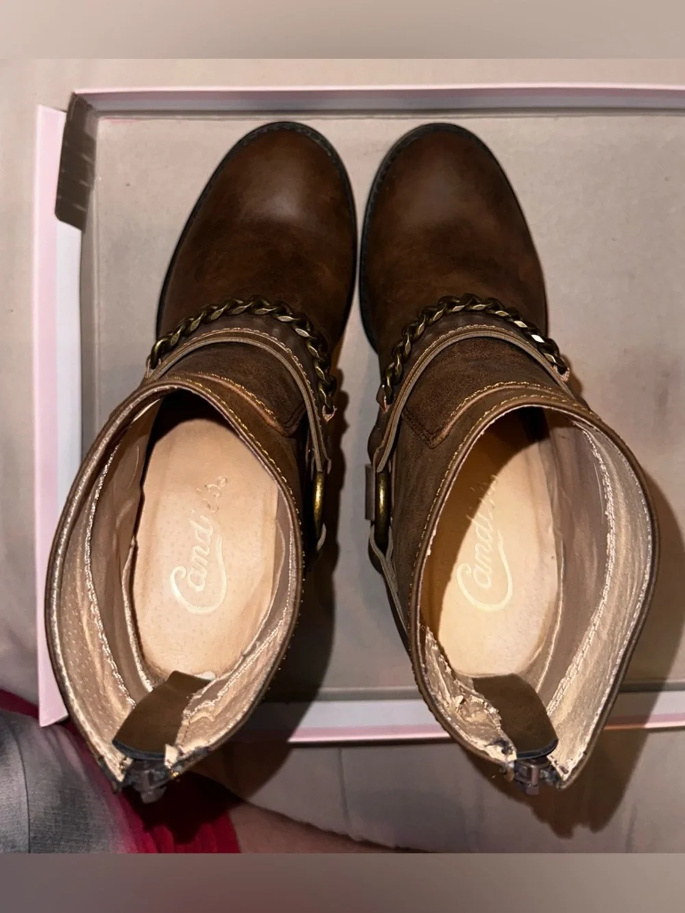 Candie’s Cognac Brown Ankle Booties with Decorative Ring and Chain - Picture 7 of 9